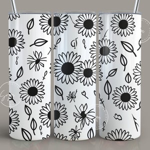 Schwarz & weiß Floral Tumbler Wrap PNG, 20 oz Skinny Tumbler Wrap, Blume Doodle Linie Kunst, nahtlose Sublimation Design, digitaler Download