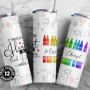 Rainbow Crayons Teacher Tumbler Wrap PNG, Add Teacher Name, Seamless Sublimation Designs Downloads, 20 oz Skinny Tumbler Design
