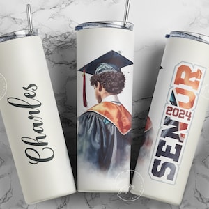 Graduation 2024 Tumbler, Add Your Own Text, Senior 2024 Tumbler, 20oz Skinny Tumbler, Watercolor Design, Graduation Wrap, Afro Boy Tumbler