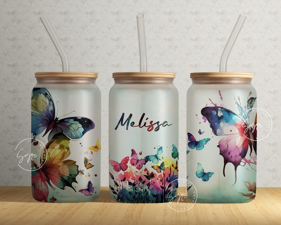 Butterfly Tumbler, Add Your Own Name, 16oz Libbey Glass Can Tumbler Sublimation Design, Alcohol Ink, Seamless Sublimation PNG, Digital File