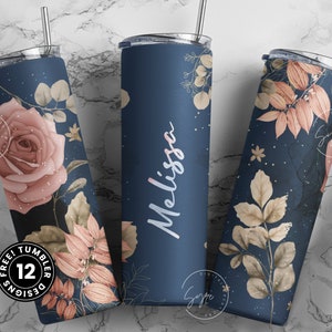 Kwiatowy kubek, Dodaj własne imię do kubka, Chudy kubek 20 oz Design Wrap, Bezszwowy wzór sublimacji PNG, Chudy kubek podróżny