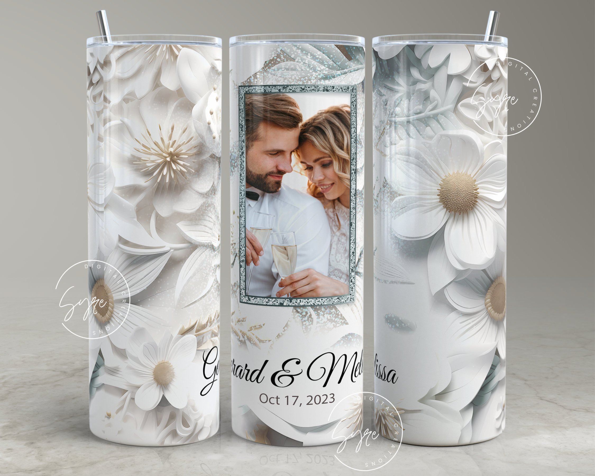 3D Floral White Photo Tumbler Png, Wedding Tumbler Wrap, 1 Photo Design, Add Your Own Text, Floral 20 oz Skinny Tumbler Sublimation wrap PNG