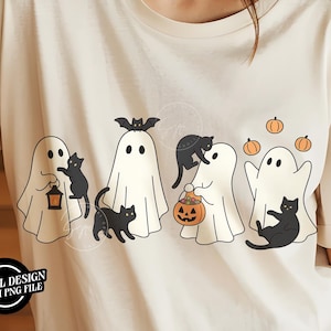 Vintage Halloween Ghost with Black Cats Graphic Ghost Cat Png Halloween Ghost Png Spooky Season Cat Halloween Cats Shirt Png Digital File