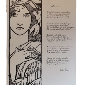 Mucha linoleografia La sera-Edizione limitata-Stampato sulla macchina a rullo-Poesia
