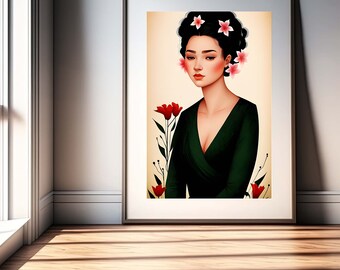 Digital download, colorful poster, girl with flowers, AI generated