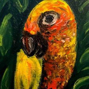 Sun Conure South American Jungle Parrot, Original Oil Painting, Impasto Artwork, Colorful Art, Tropical Bird Design, Animal, Wildlife