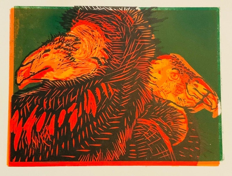 California Condor Linocut Print: Orange, Red, Green Bird Art (12x9) - Etsy