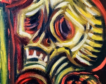 May include: Abstract painting of a skull with yellow, red, and black paint. The skull is stylized and has a geometric pattern.
