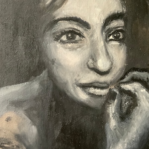 Porträt einer jungen Frau, Schwarzweiß Original Ölgemälde, Figuratives Kunstwerk, Figure Art, Graustufen Design, Monochrom, Grau, Grau