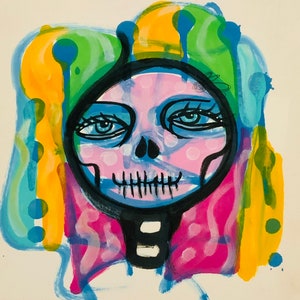Dark Pop Art Lady Skull, Comic Cartoon Surrealismus, helle Farben, Academia, Whimsigoth, y2k Kunstwerk, Pastell Goth Wanddekor,