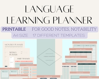 Language Learning Planner, Notebook Workbook Study Journal, Printable, Digital Goodnotes Samsung notes, Learn English Spanish French German
