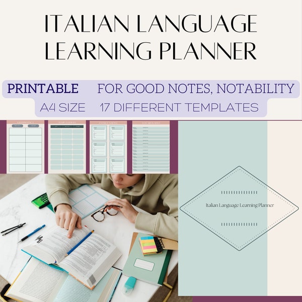 Italian Language Learning Planner, Notebook Workbook Study Journal, Printable, Digital Goodnotes Samsung notes, Learn Italian