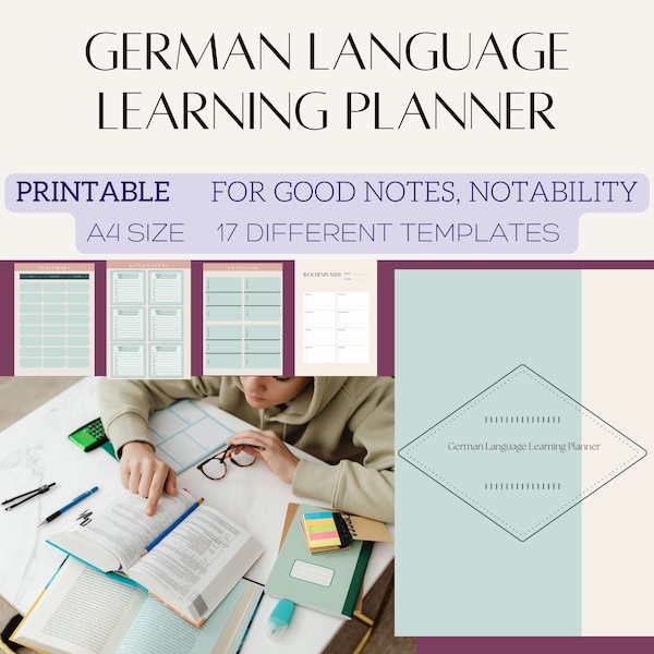 German Language Learning Planner, Notebook Workbook Study Journal, Printable, Digital Goodnotes Samsung notes, Learn German