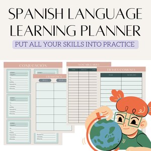 May include: A printable Spanish language learning planner with sections for conjugation, vocabulary, and common phrases. The planner features a cartoon illustration of a person holding a globe.