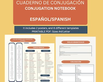 Spanish Conjugation Templates, Table Printable  PDF Notebook, Digital Download, Language Learning, Teaching