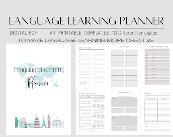 Language Learning Planner, Notebook Workbook Study Journal, Printable, Digital Goodnotes Samsung notes, Learn English Spanish French German