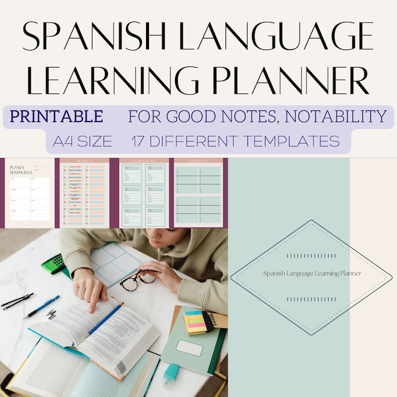 May include: A printable Spanish language learning planner with 17 different templates. The planner is designed for good notes and Notability. The planner is A4 size.
