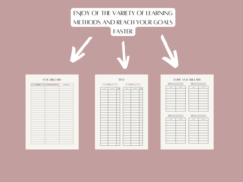 Vocabulary Language Learning Notebook Set, Worksheets, Printable ...