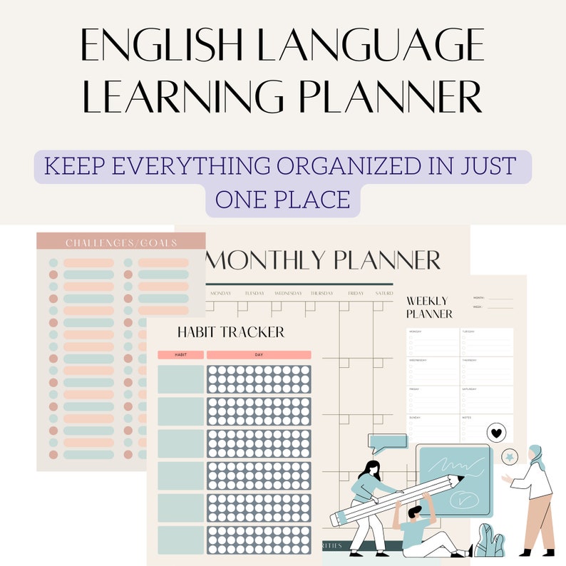 May include: A printable English language learning planner with sections for challenges and goals, a monthly calendar, a weekly planner, and a habit tracker. The planner features a light blue and pink color scheme with illustrations of people learning English.