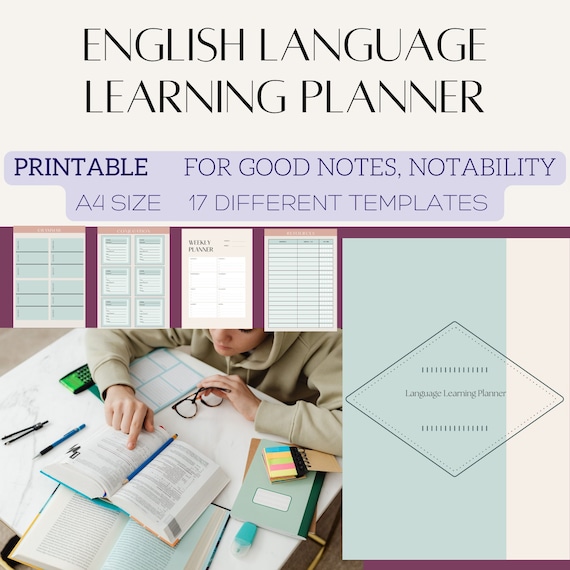 English Language Learning Planner, Notebook Workbook Study Journal, Printable, Digital Goodnotes Samsung notes, Learn English