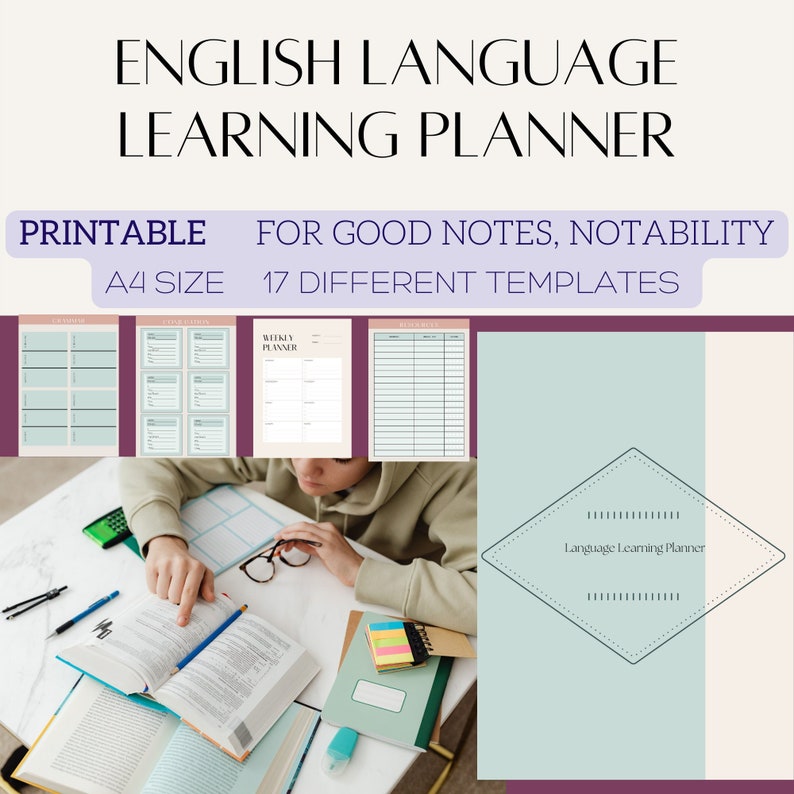 May include: A printable English language learning planner with 17 different templates. The planner is designed for use with GoodNotes and Notability apps. The cover features a light blue diamond shape with a black outline and the text "Language Learning Planner".