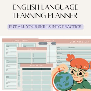 May include: A printable English language learning planner with sections for conjugation, grammar, and vocabulary. The planner features a cartoon illustration of a person holding a globe.