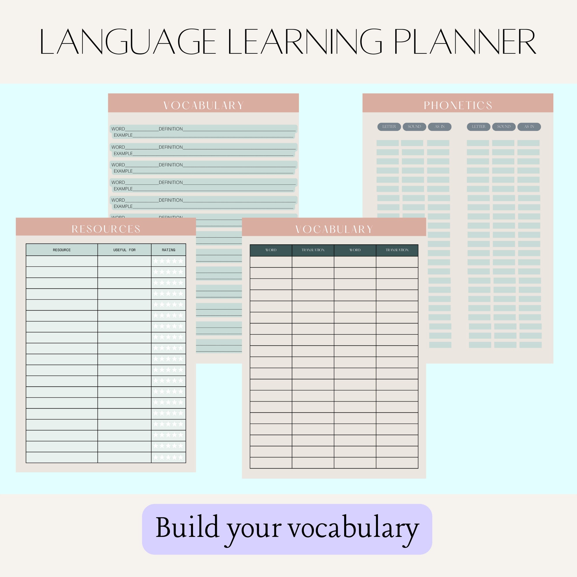 Language Learning Planner, Notebook Workbook Study Journal, Printable ...