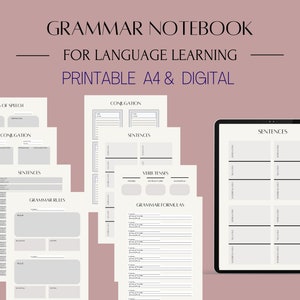 Ensemble de cahiers d&#39;apprentissage de la grammaire, feuilles de calcul, imprimables, numériques, bonnes notes, modèle de pratique, étude polyglotte