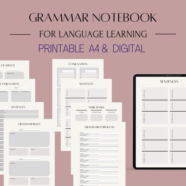 Grammar language learning notebook set, worksheets, printable, digital, goodnotes, practice template, polyglot study