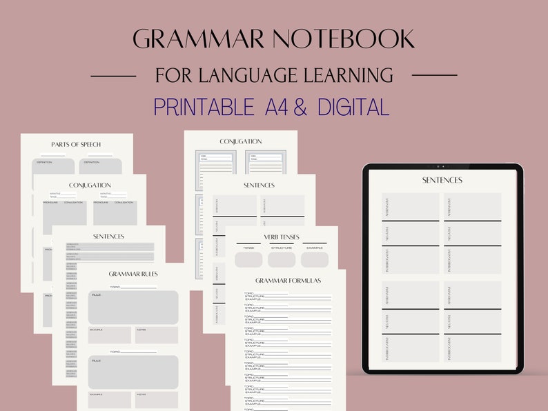 Grammar Language Learning Notebook Set, Worksheets, Printable, Digital ...