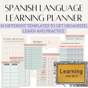 May include: A printable Spanish language learning planner with 18 different templates. The templates include monthly plans, vocabulary lists, habit trackers, and more. The planner is designed to help learners get organized, learn, and practice Spanish.