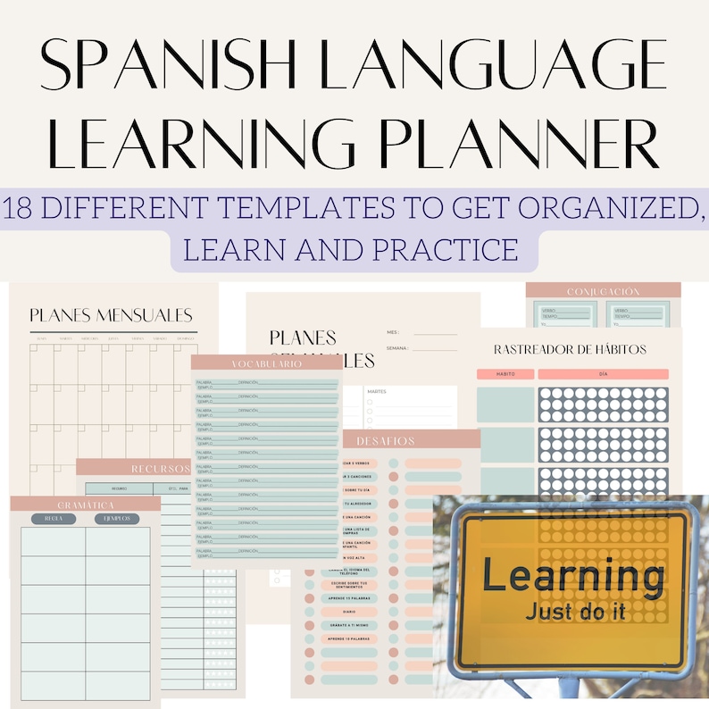 May include: A printable Spanish language learning planner with 18 different templates. The templates include monthly plans, vocabulary lists, habit trackers, and more. The planner is designed to help learners get organized, learn, and practice Spanish.