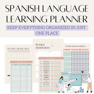 May include: A printable Spanish language learning planner with sections for monthly and weekly plans, habit tracking, and challenges. The planner features a light blue, pink, and beige color scheme with illustrations of people learning Spanish.