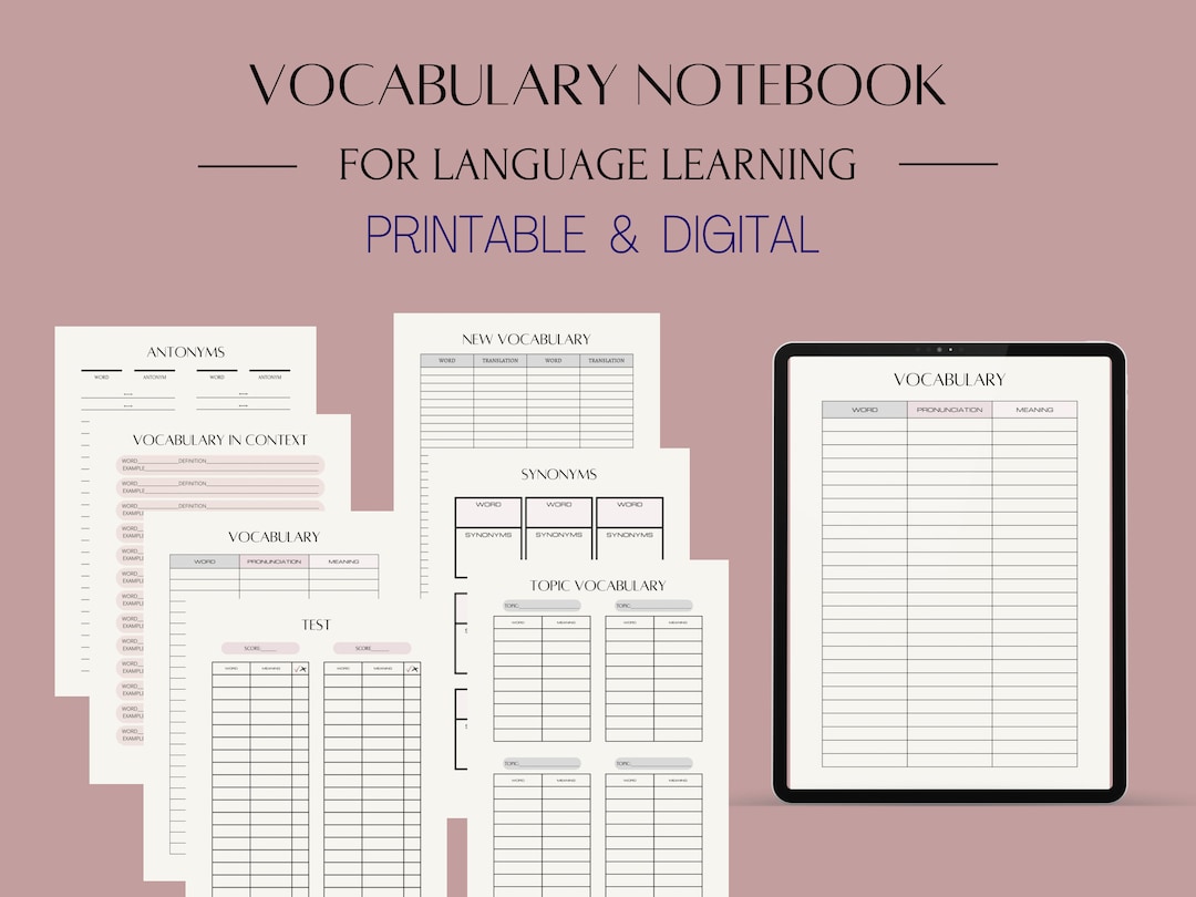 Vocabulary Language Learning Notebook Set, Worksheets, Printable ...