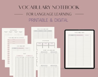 Vocabulary language learning notebook set, worksheets, printable, digital, goodnotes, practice template, polyglot study