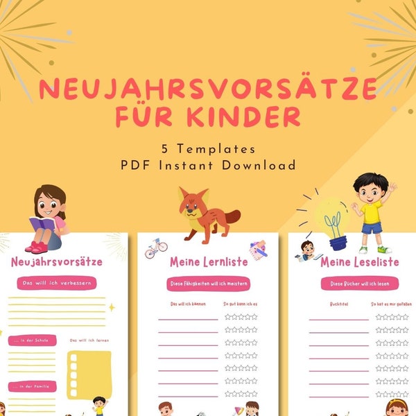 Neujahrsvorsätze für Kinder: Vorsätze, Lesetagebuch, Lernliste | Spar-Set mit 5 Vorlagen | Druckdatei als PDF Download | Instant Download