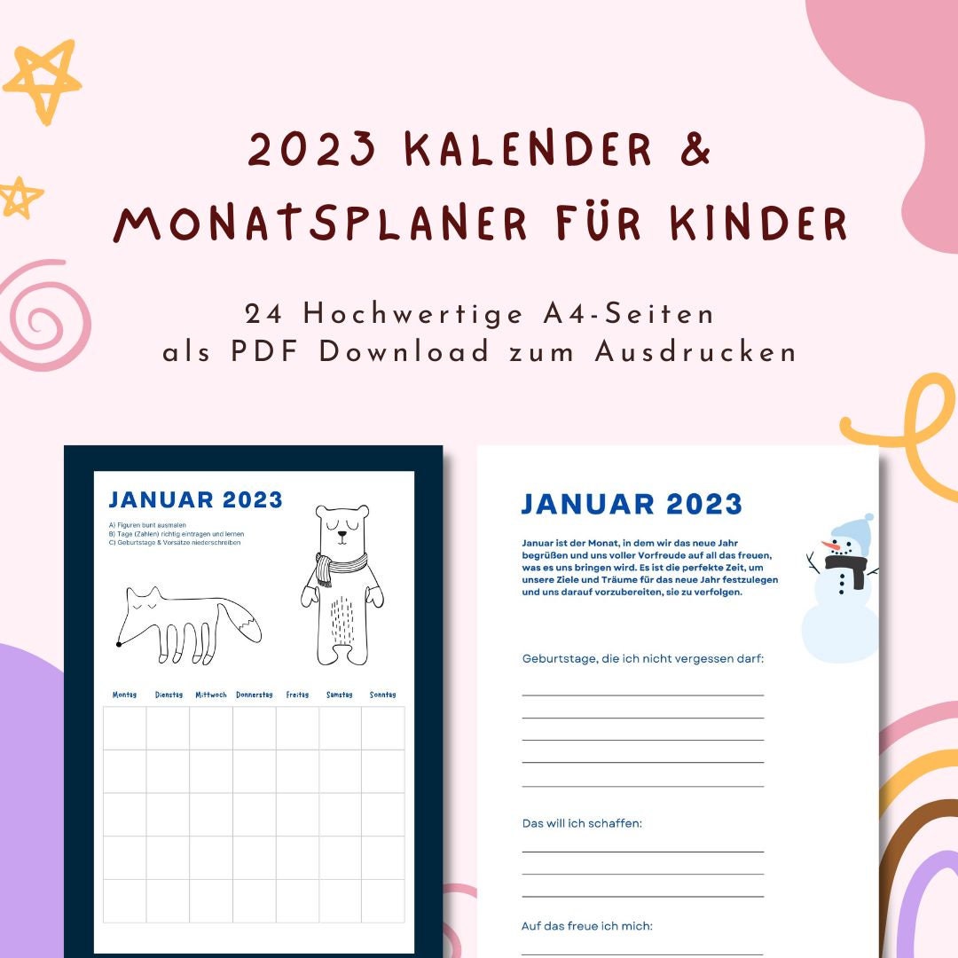 Kalender Und Monatsplaner 2023 Für Kinder Kinderkalender Zum - Etsy
