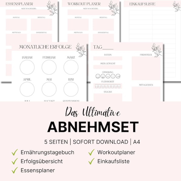 Abnehmtagebuch, Ernährungstagebuch, Workout Planer, Essensplaner & Monatliche Erfolge | Spar Set mit 5 Vorlagen | PDF Download