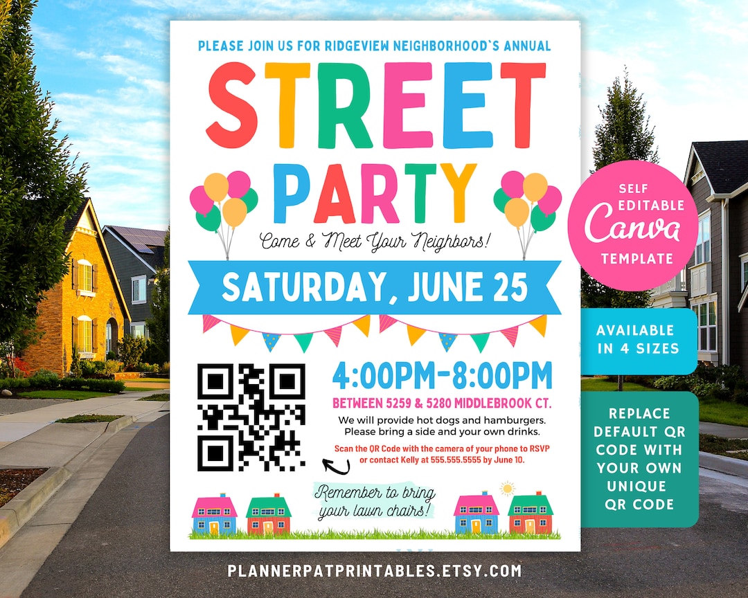 Editable Street Party Flyer Template, QR Code Neighborhood Block Party