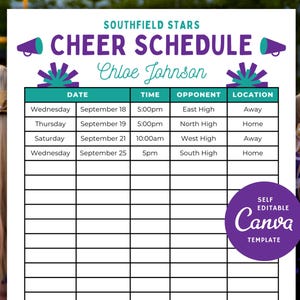 Editable Cheer Schedule Template, Cheerleader Practice or Game Calendar
