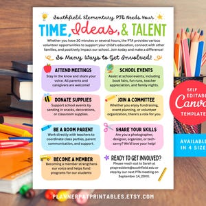 Editable Parent Involvement Flyer Template | Canva PTA PTO Volunteer Poster | School Membership Drive & Recruitment Handout