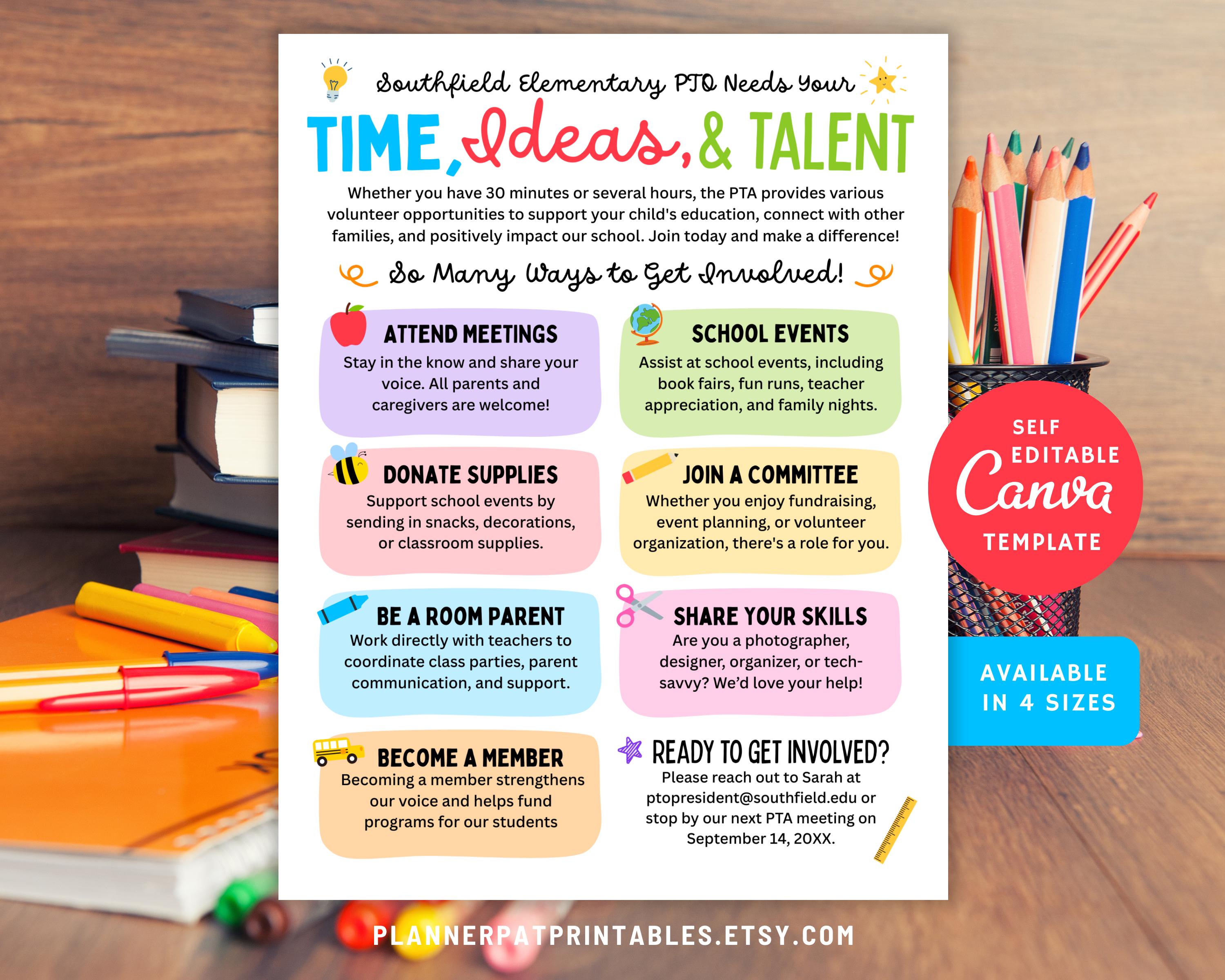 Pta Fun Day Graphics Editable PTO PTA Recruitment Flyer, Parent Involvement Template (canva ...