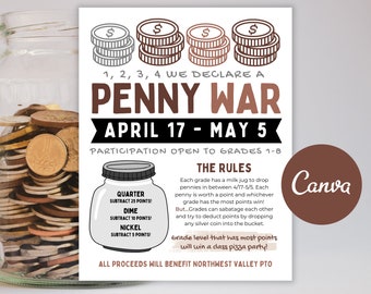 Penny War Flyer Editable Template, Coin Drive Fundraiser, Canva