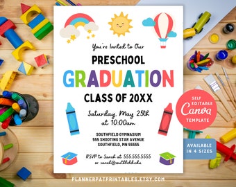 Editable Preschool or Pre-k Graduation Invitation or Flyer Canva Template