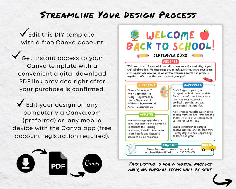 Editable Back to School Newsletter Template: Canva Design (digital ...