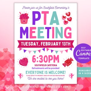 Plantilla editable para volante de reunión de la PTA de San Valentín, Noticias de febrero de la PTO de la PTO, Canva