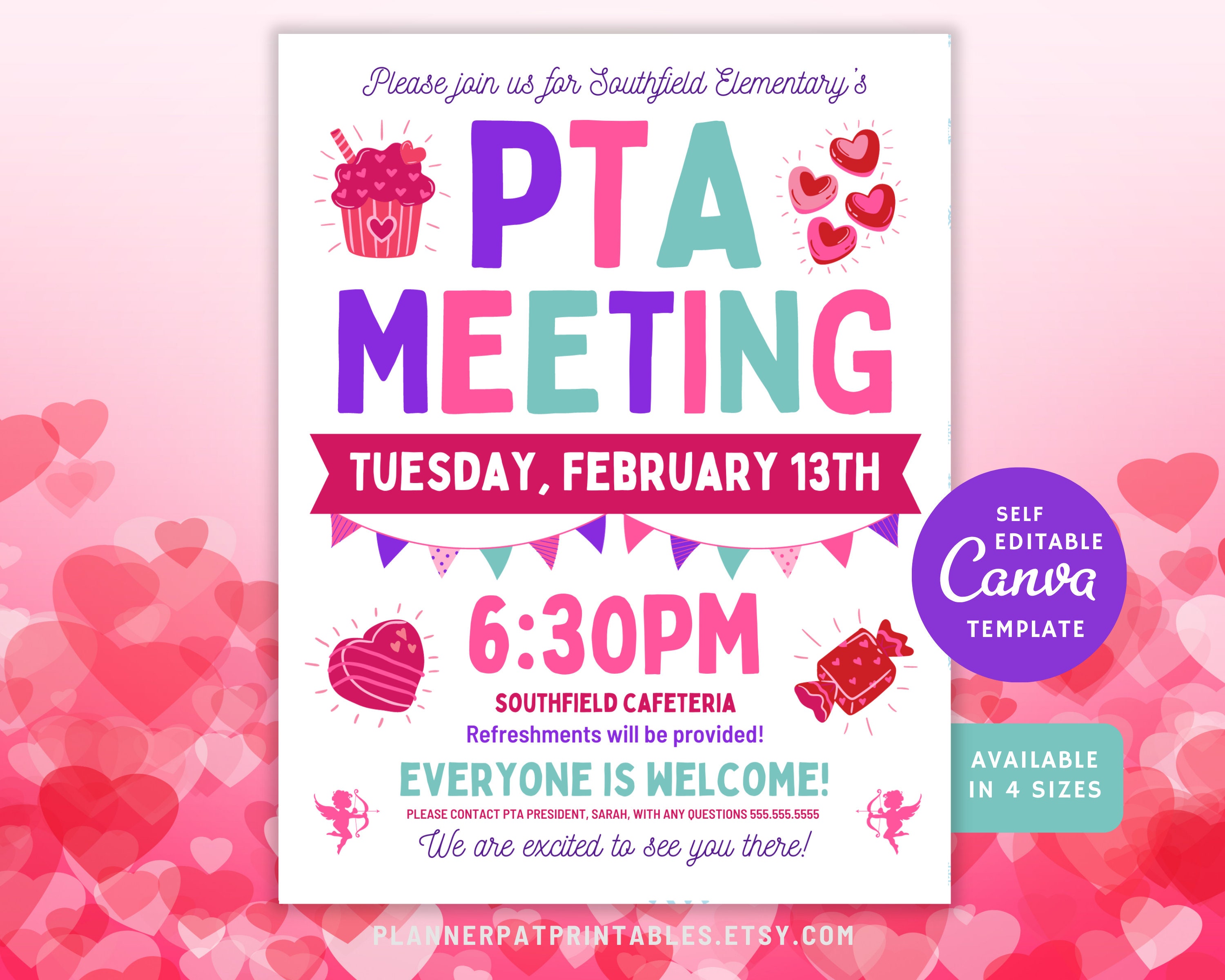 Editable Valentine PTA Meeting Flyer Template, February Bulletin, Canva ...