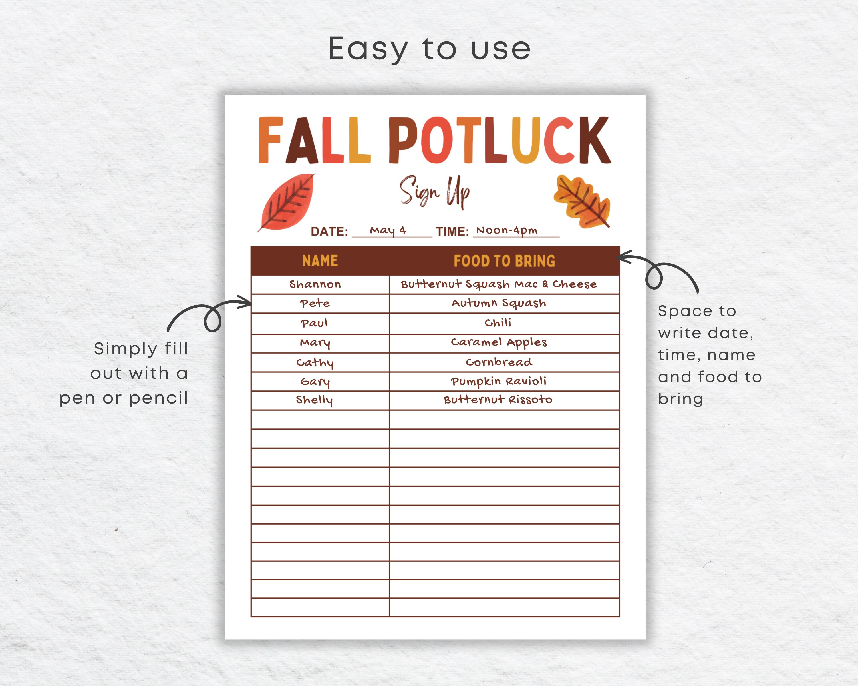 Fall Potluck Sign up Sheet Printable Autumn Harvest Potluck Etsy