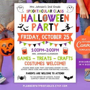 Editable Halloween Class Party Invite: Elementary School Flyer Template (Canva, Digital Download)