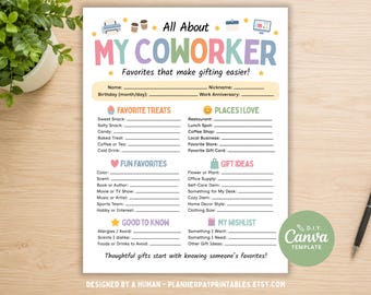 All About My Coworker Printable, Employee Favorite Things Questionnaire (Edit in Canva)